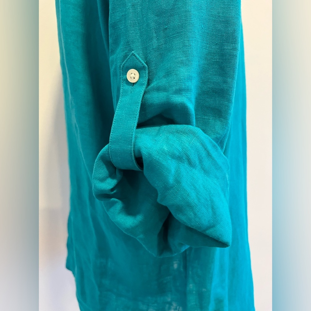 Ralph Lauren Turquoise Linen Blouse V neck Tunic Beach Resort wear Classic Prep - Picture 8 of 9